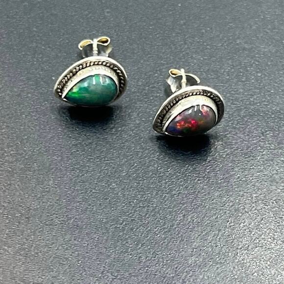 Vintage Sterling Silver Natural Dark Opal Stud Earrings Rope Border 13mm Pair - Picture 12 of 12
